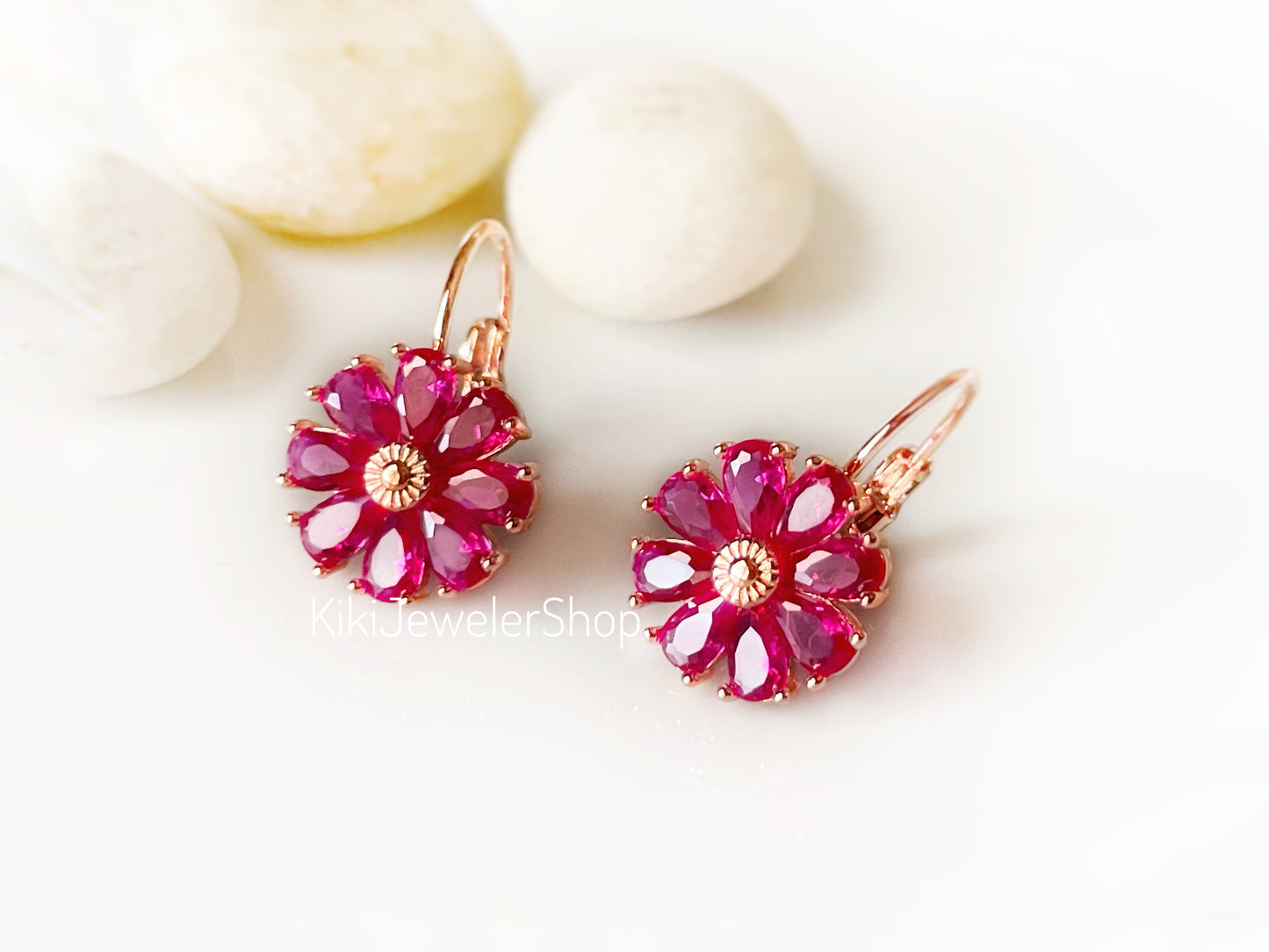 Pink Tourmaline Daisy Flower Dangle Earrings