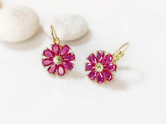 Pink Tourmaline Daisy Flower Dangle Earrings