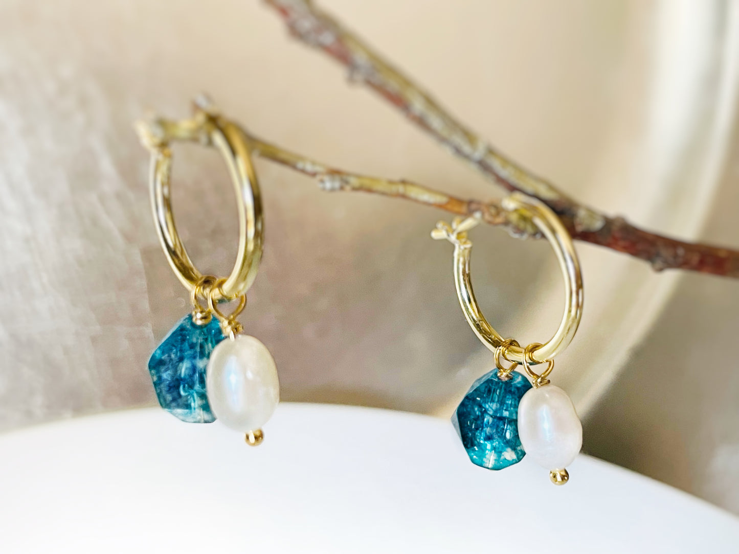 Natural London Blue Topaz+Pearl Gold Earrings