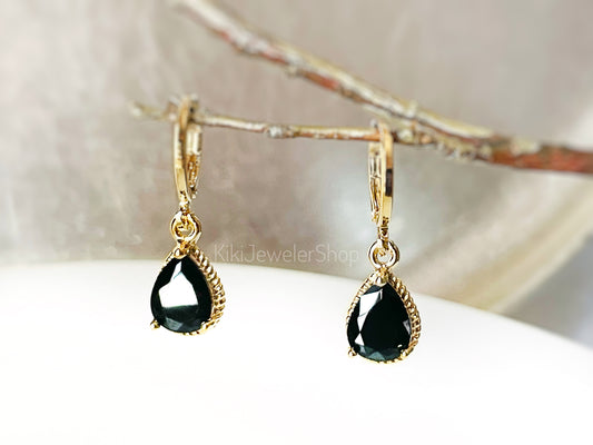 Small Bezel Onyx Teardrop Dangle Earrings