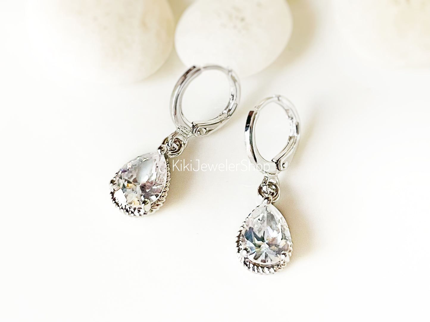Small Bezel White Sapphire Teardrop Dangle Earrings