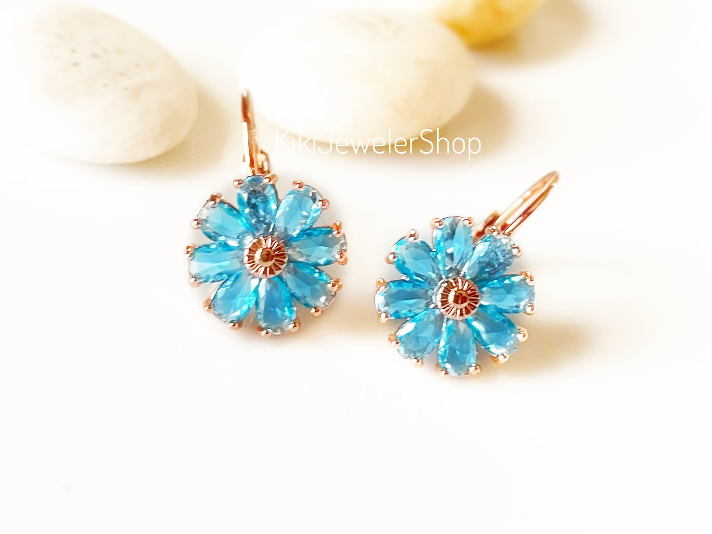 Blue Topaz Daisy Flower Dangle Earrings