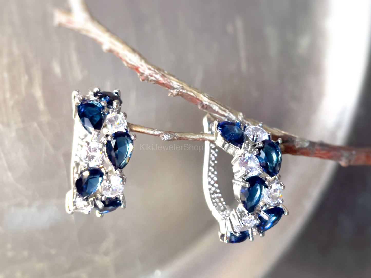 Blue white sapphire statement hoop earrings