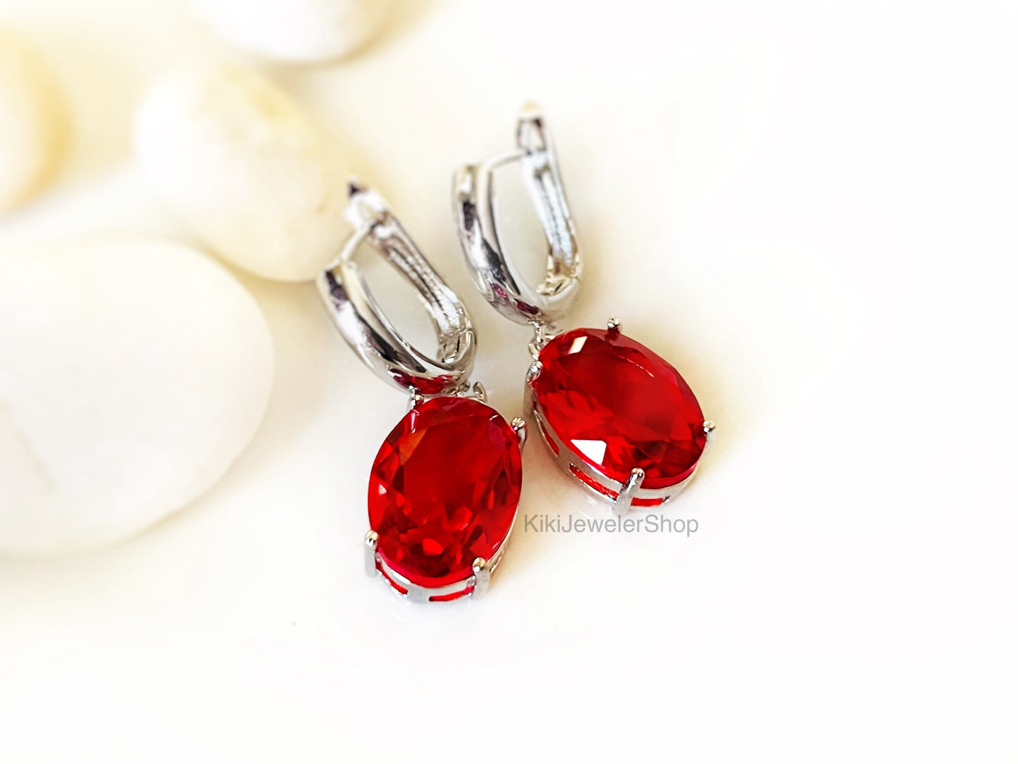 Large Cushion Cut Ruby Red Dangling Earrings