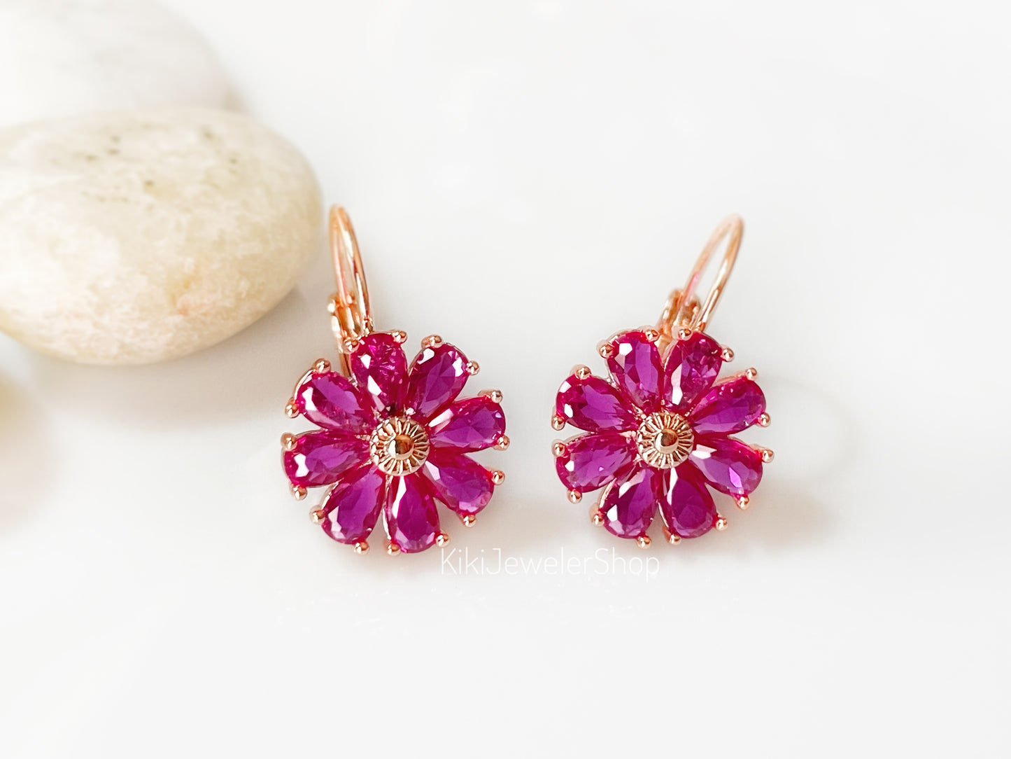 Pink Tourmaline Daisy Flower Dangle Earrings