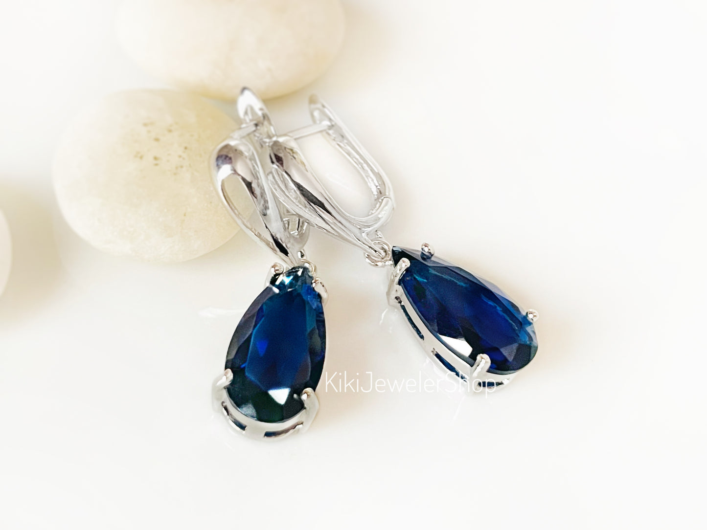 Large Blue Sapphire Teardrop Dangle Earrings