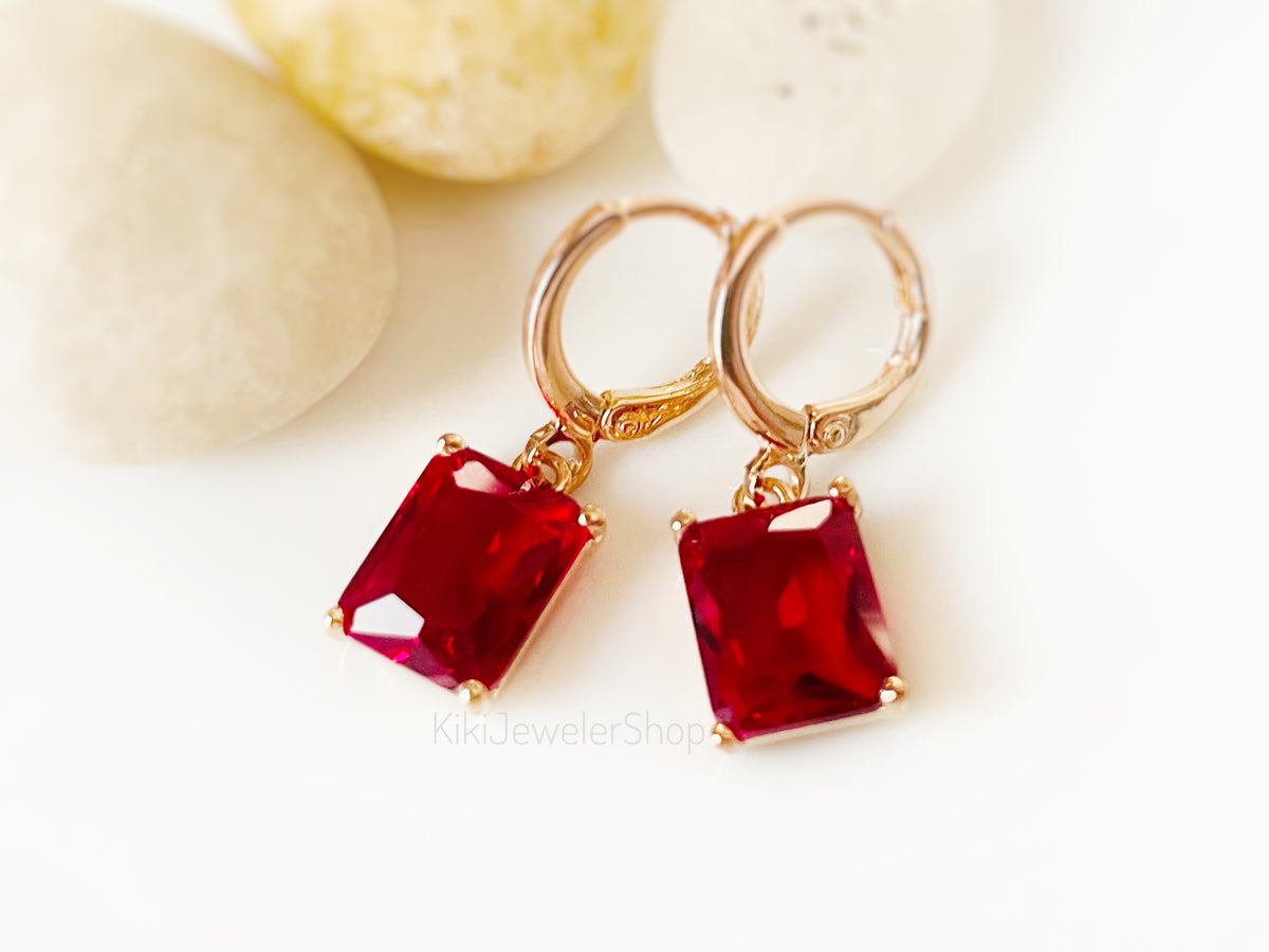 Small Ruby Red Emerald Cut Jewelry Set