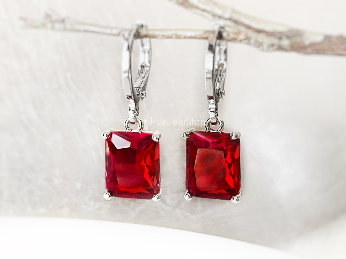 Small Ruby Red Emerald Cut Jewelry Set