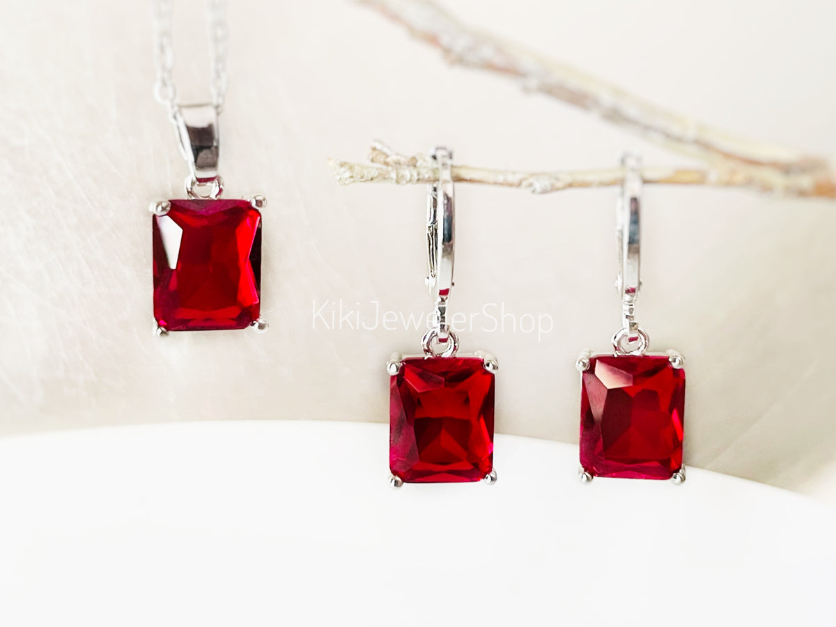 Small Ruby Red Emerald Cut Jewelry Set