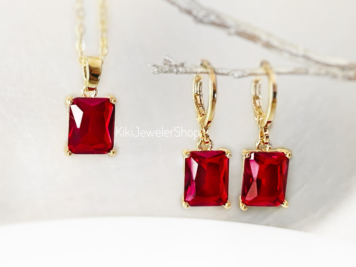 Small Ruby Red Emerald Cut Jewelry Set