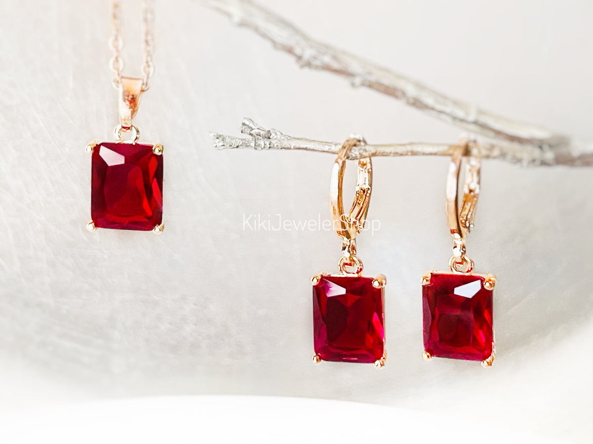 Small Ruby Red Emerald Cut Jewelry Set