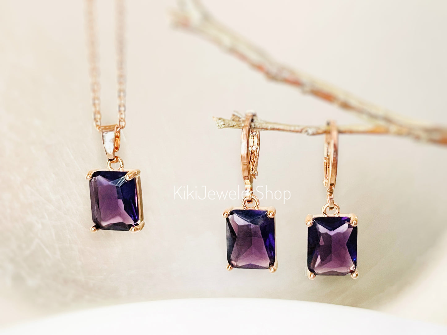 Amethyst 2pc jewelry set small emerald cut
