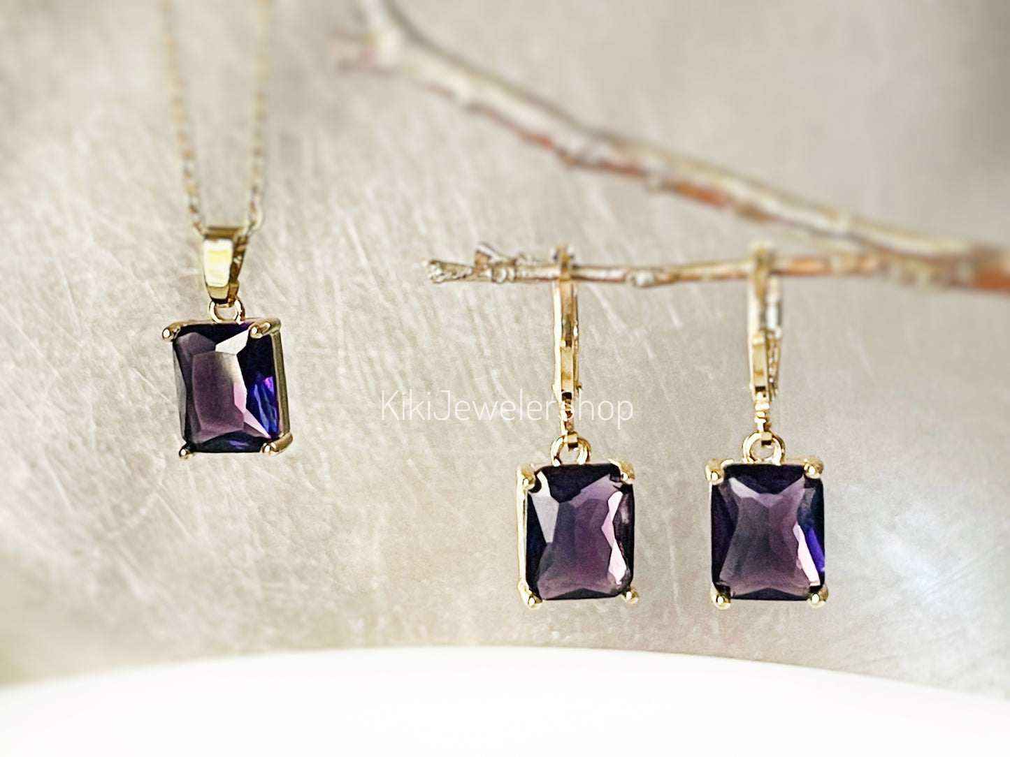 Amethyst 2pc jewelry set small emerald cut