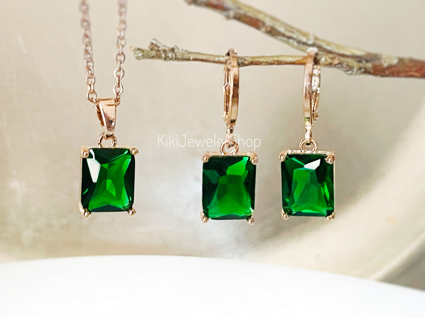 Green Small Emerald Cut 2pc Jewelry Set