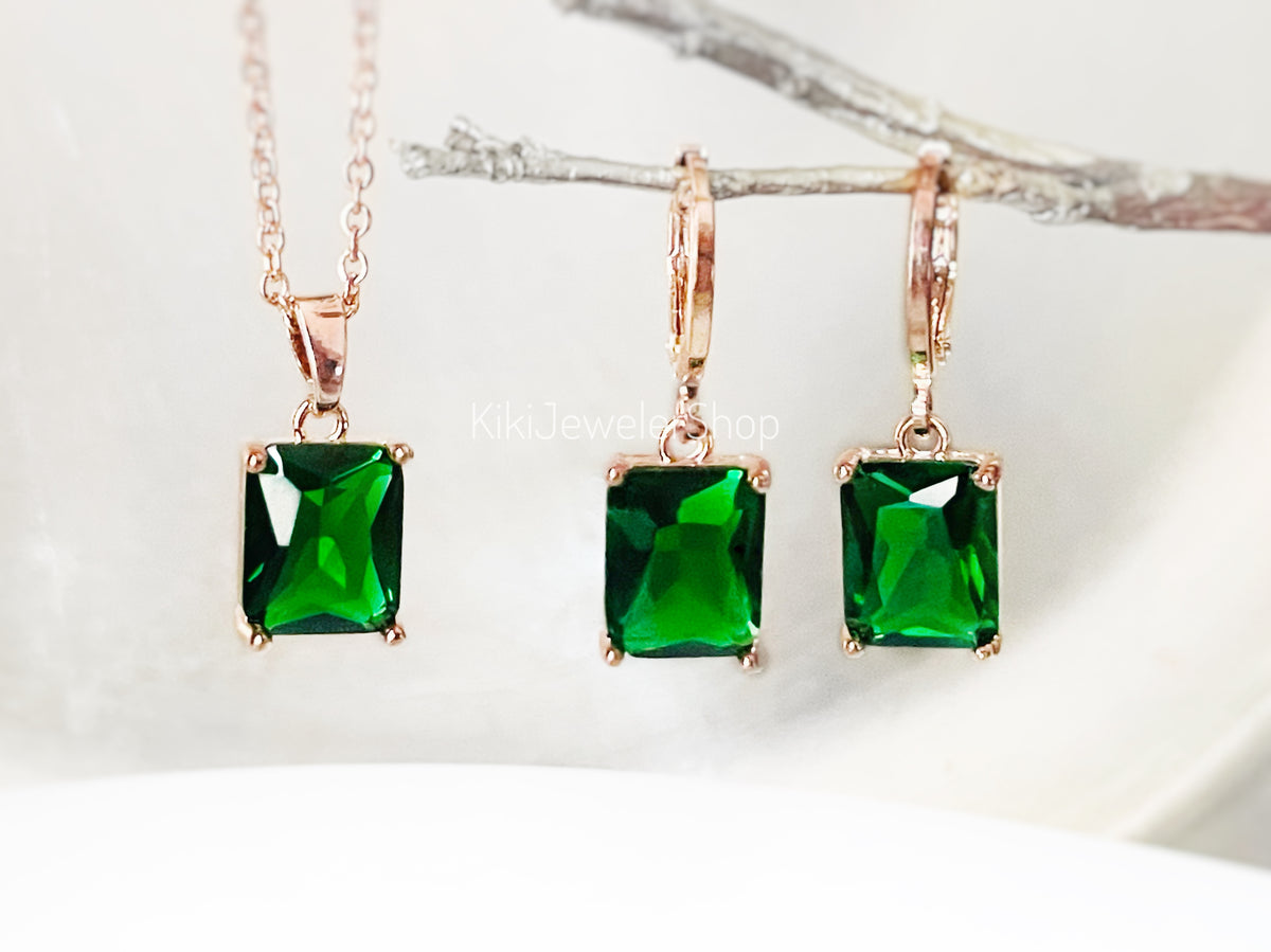 Green Small Emerald Cut 2pc Jewelry Set