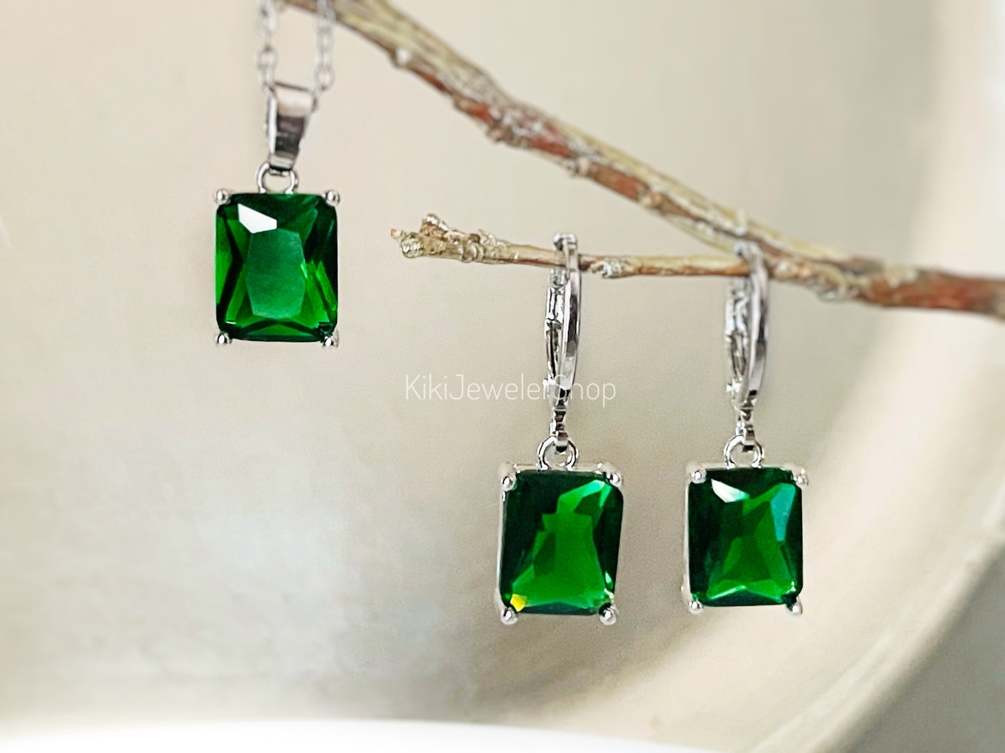 Green Small Emerald Cut 2pc Jewelry Set