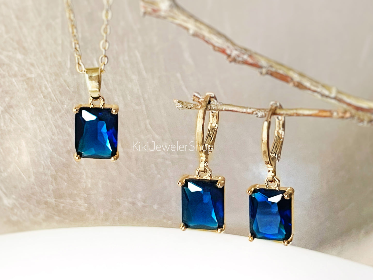 Sapphire 2pc jewelry set small emerald cut sapphire