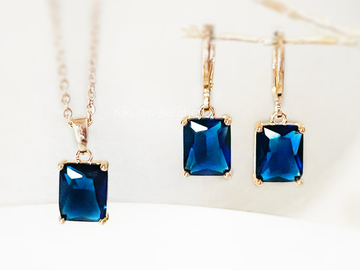 Small Blue Sapphire Emerald CutJewelry Set