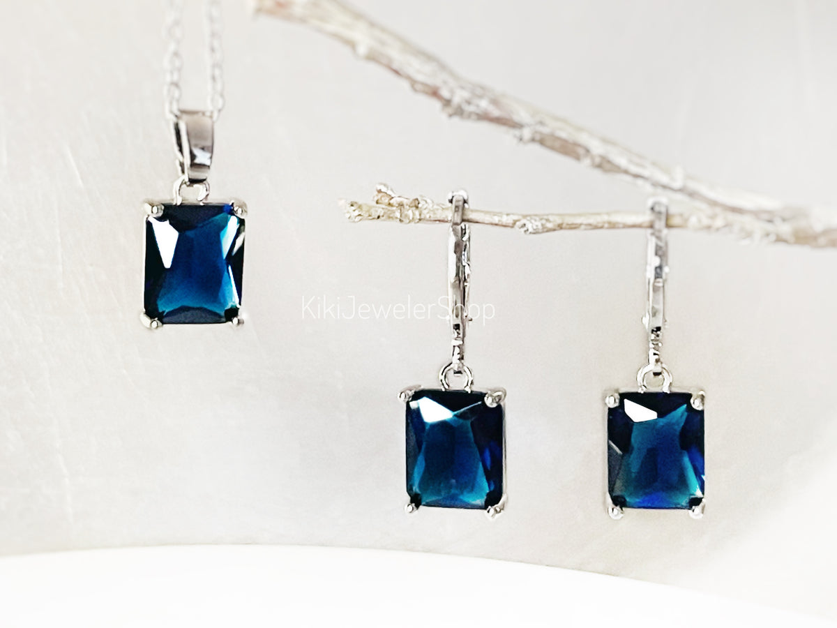 Small Blue Sapphire Emerald CutJewelry Set