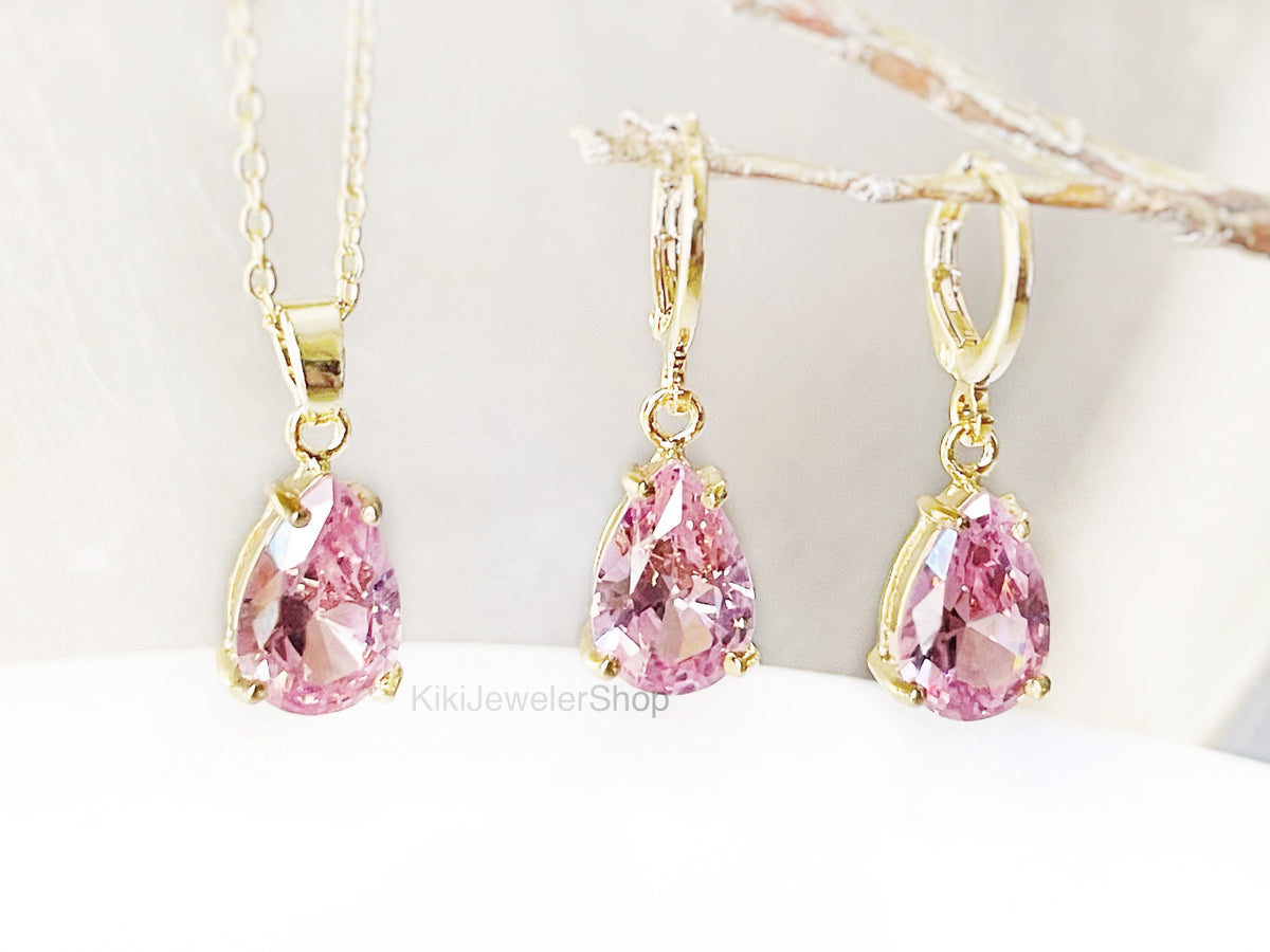 Ensemble de 2 bijoux en tourmaline rose en forme de larme, boucles d'oreilles pendantes en pierre précieuse rose, pierre de naissance d'octobre, cadeau pour elle, cadeau pour maman