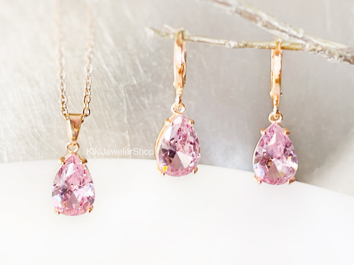 Ensemble de 2 bijoux en tourmaline rose en forme de larme, boucles d'oreilles pendantes en pierre précieuse rose, pierre de naissance d'octobre, cadeau pour elle, cadeau pour maman