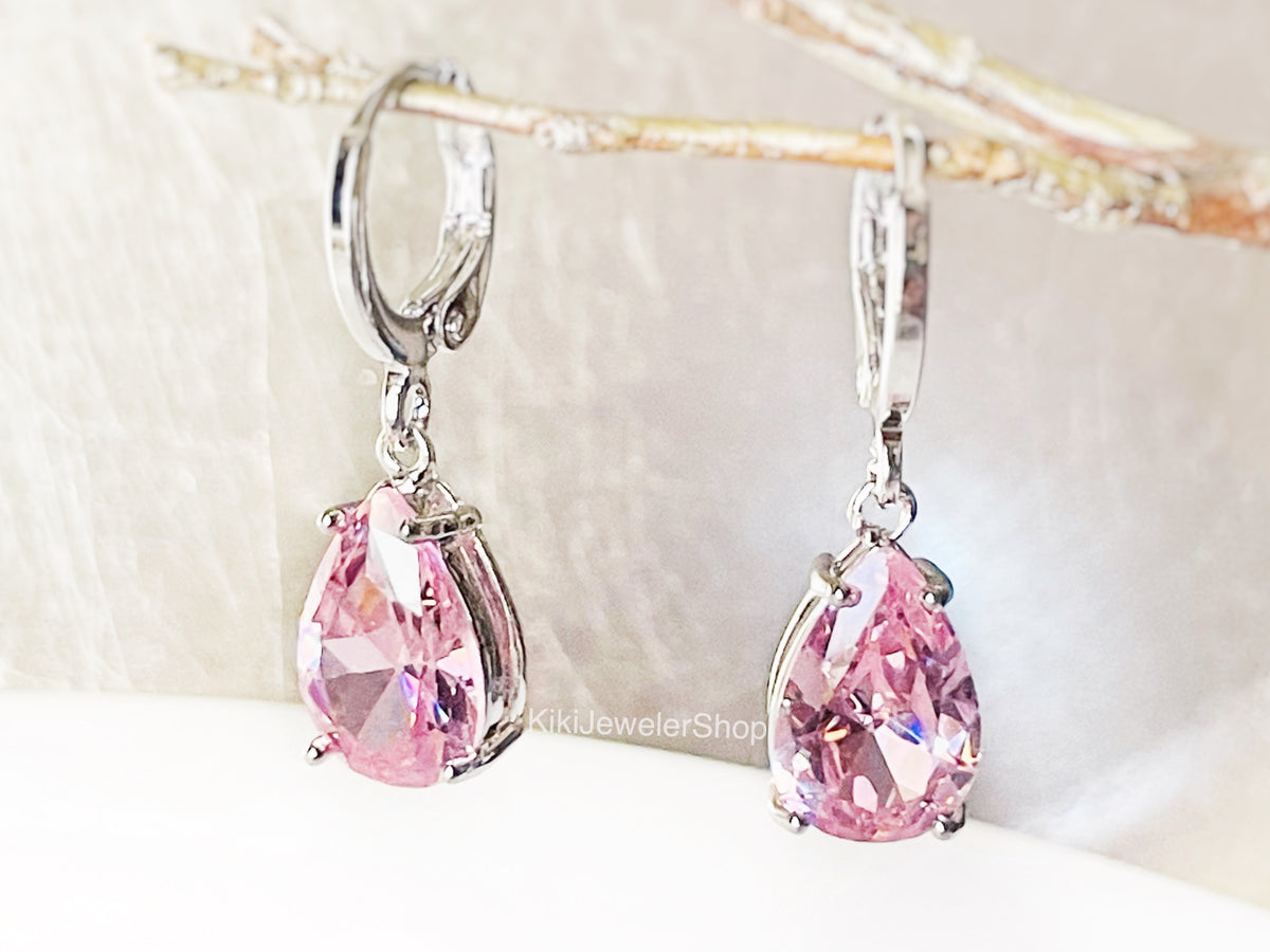 Ensemble de 2 bijoux en tourmaline rose en forme de larme, boucles d'oreilles pendantes en pierre précieuse rose, pierre de naissance d'octobre, cadeau pour elle, cadeau pour maman