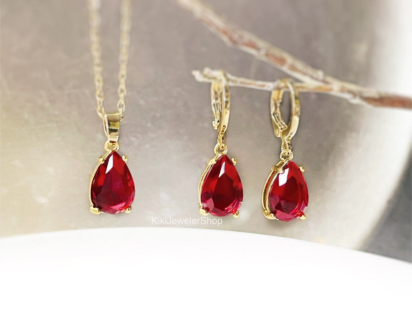Ruby teardrop 2pc jewelry set