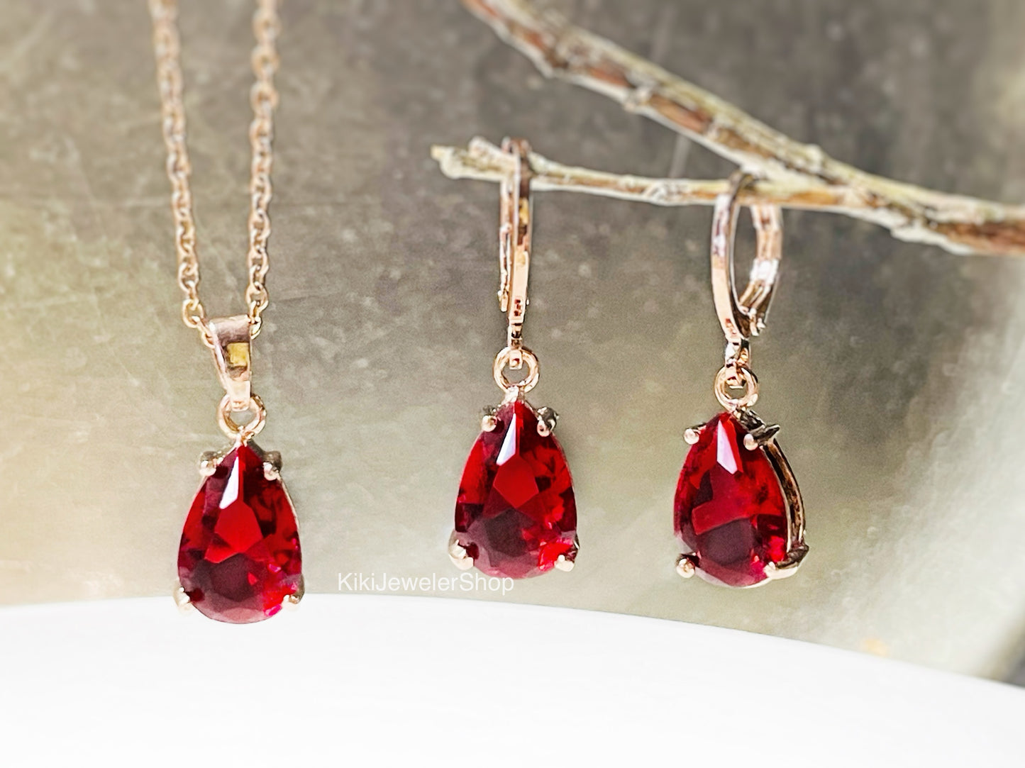 Ruby teardrop 2pc jewelry set