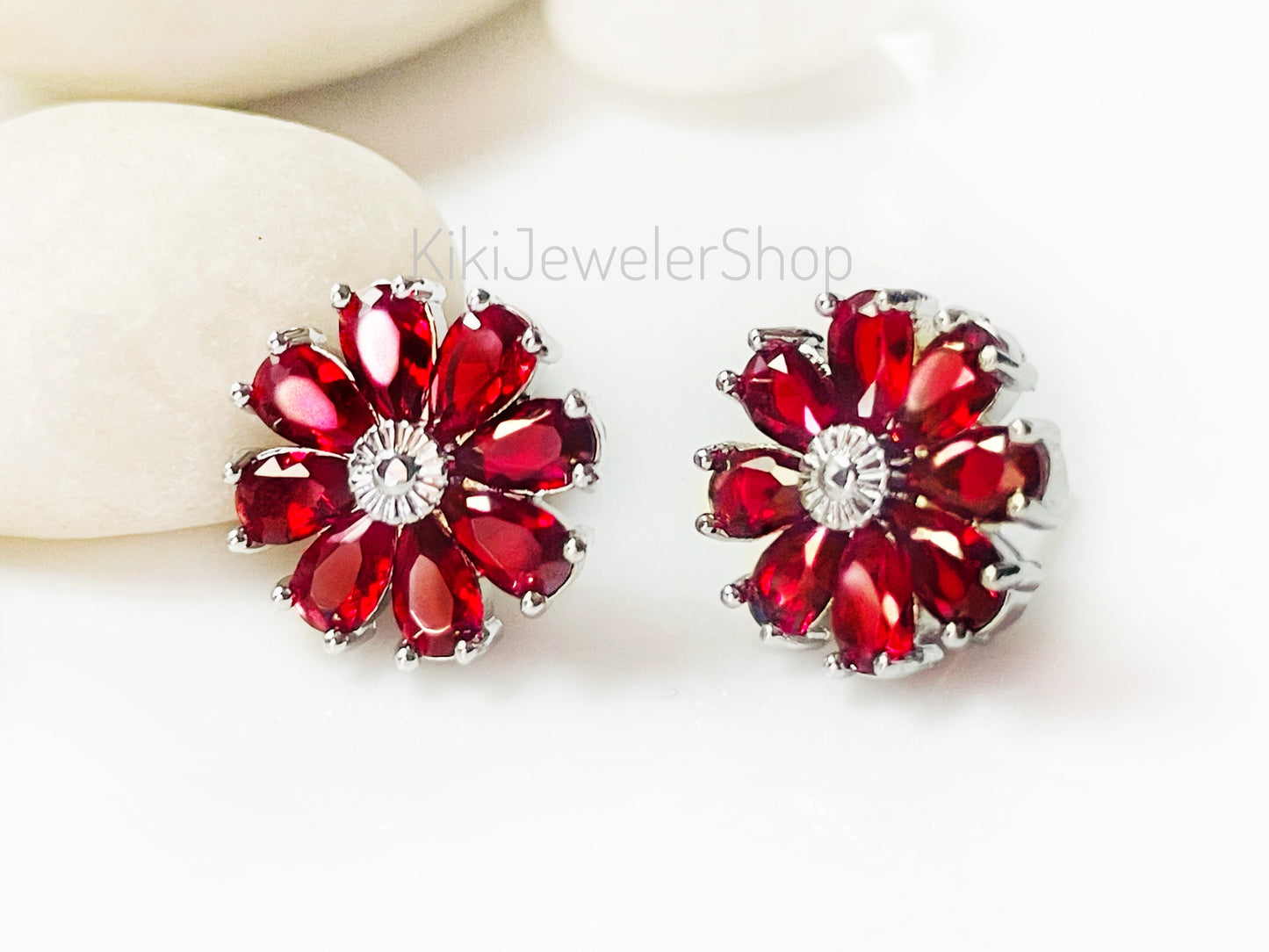 Ruby Daisy Flower Drop Earrings Gold-filled