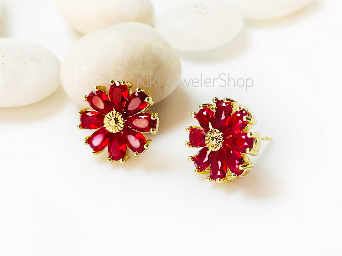Ruby Daisy Flower Drop Earrings Gold-filled