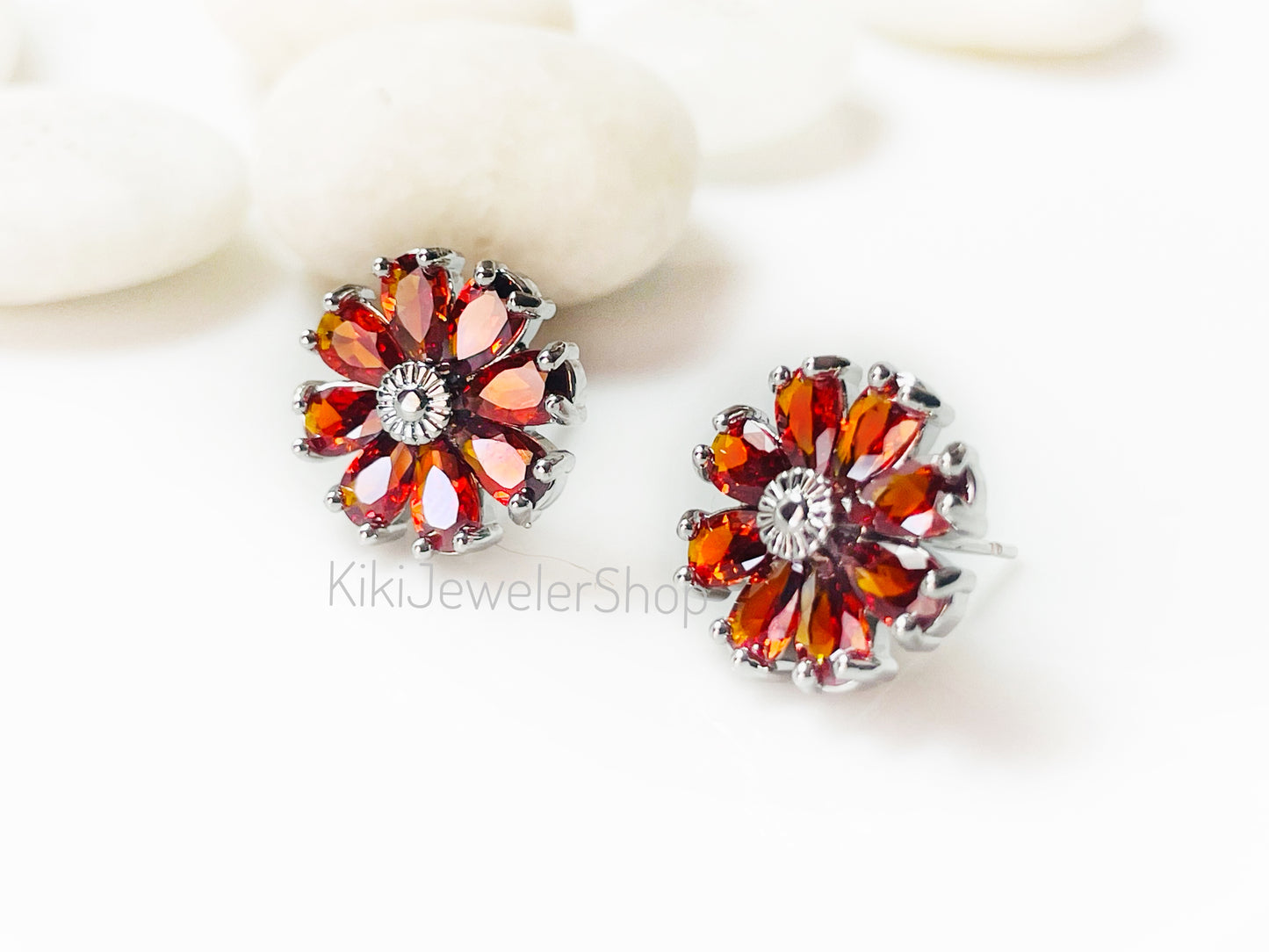 Garnet Daisy Flower Drop Earrings Gold-filled