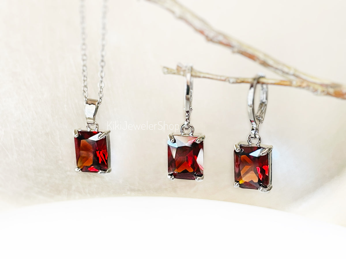 Small Garnet Emerald Cut Jewelry Set