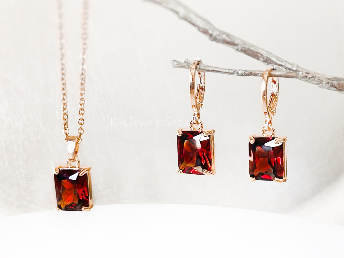 Small Garnet Emerald Cut Jewelry Set