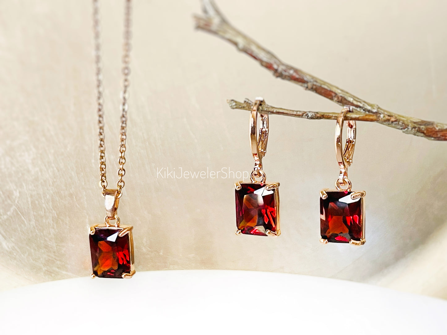 Garnet 2pc jewelry set small emerald cut