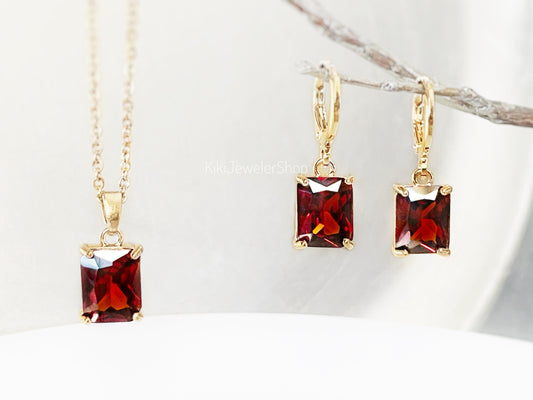 Small Garnet Emerald Cut Jewelry Set