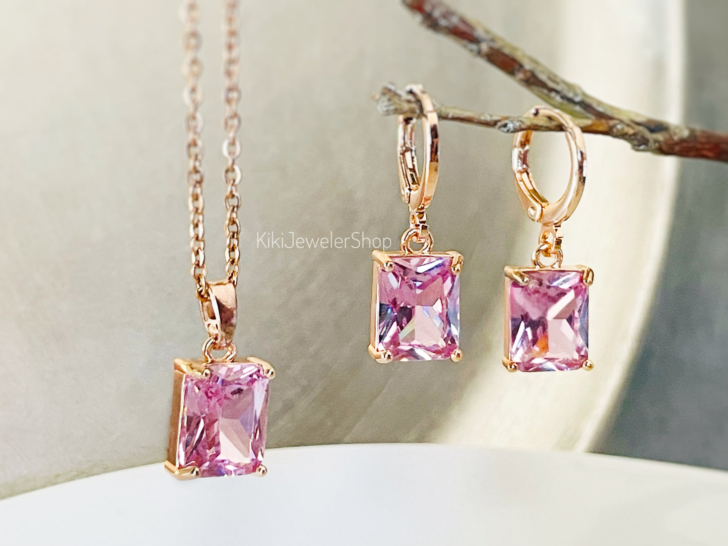 Pink sapphire 2pc jewelry set small emerald cut