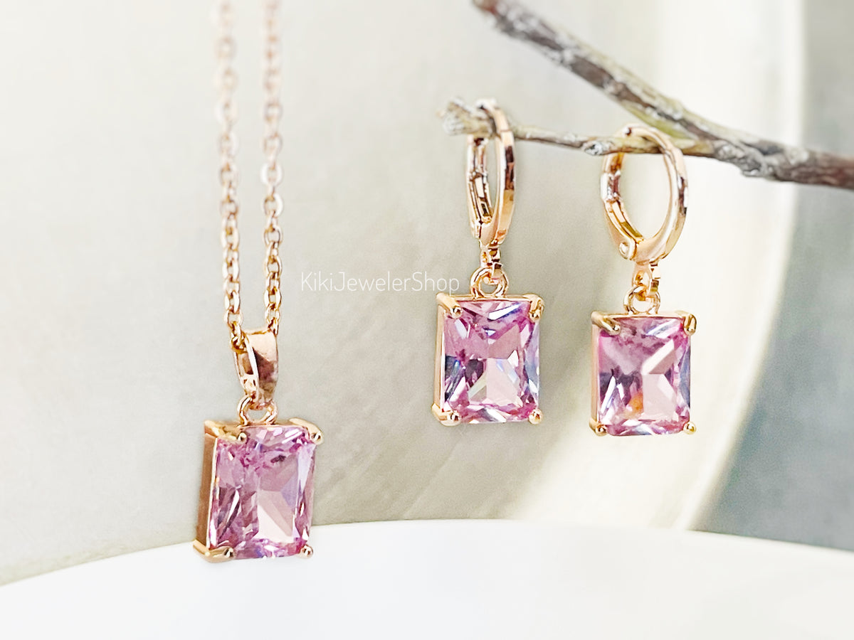 Ensemble de bijoux 2 pièces en saphir rose, petite taille émeraude