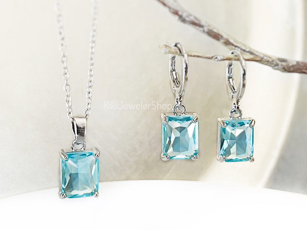 Small Aquamarine Emerald Cut Jewelry Set