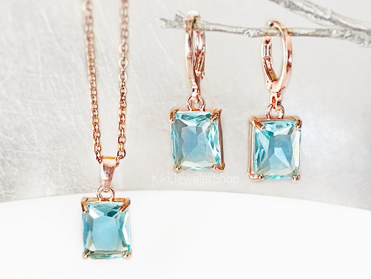 Small Aquamarine Emerald Cut Jewelry Set