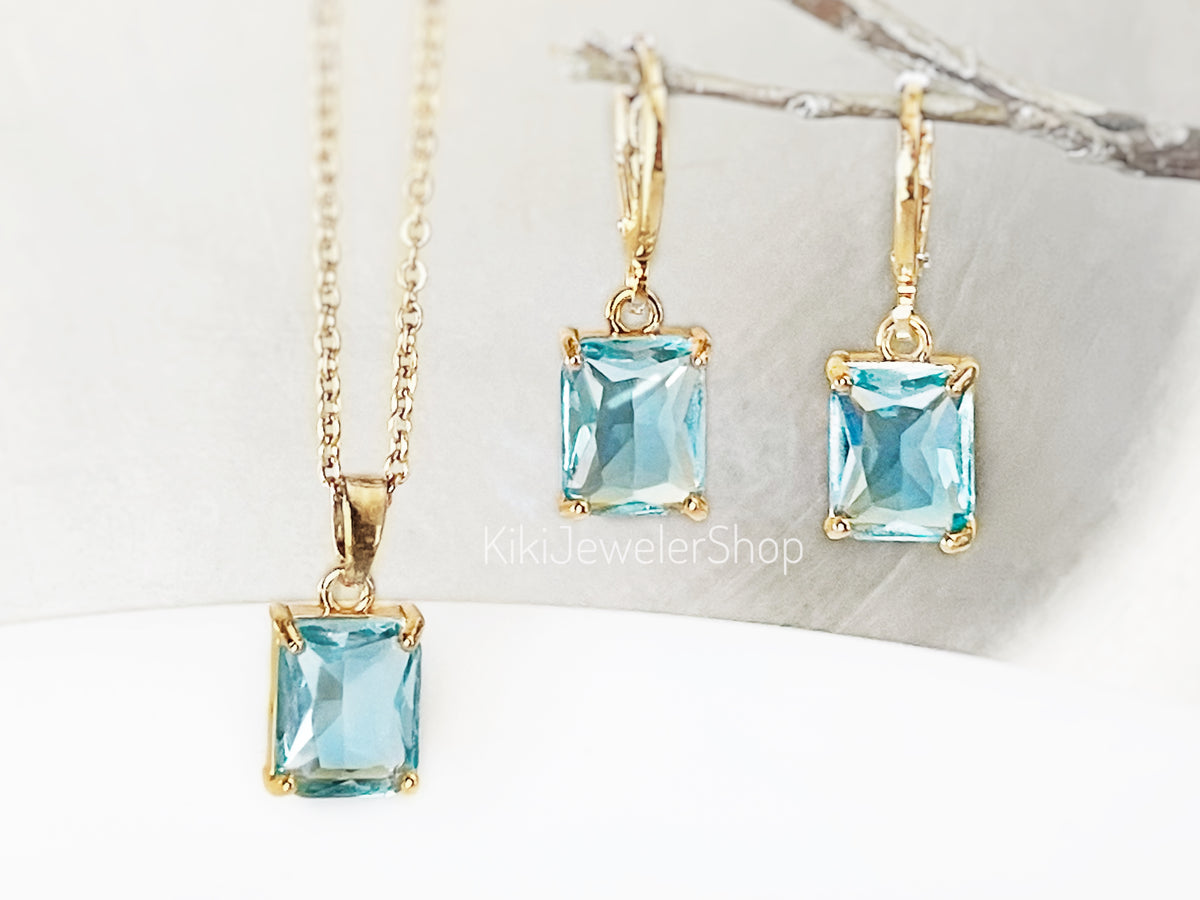 Small Aquamarine Emerald Cut Jewelry Set