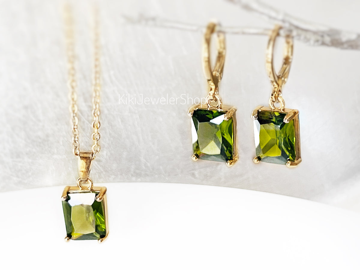 Small Peridot Emerald Cut Jewelry Set
