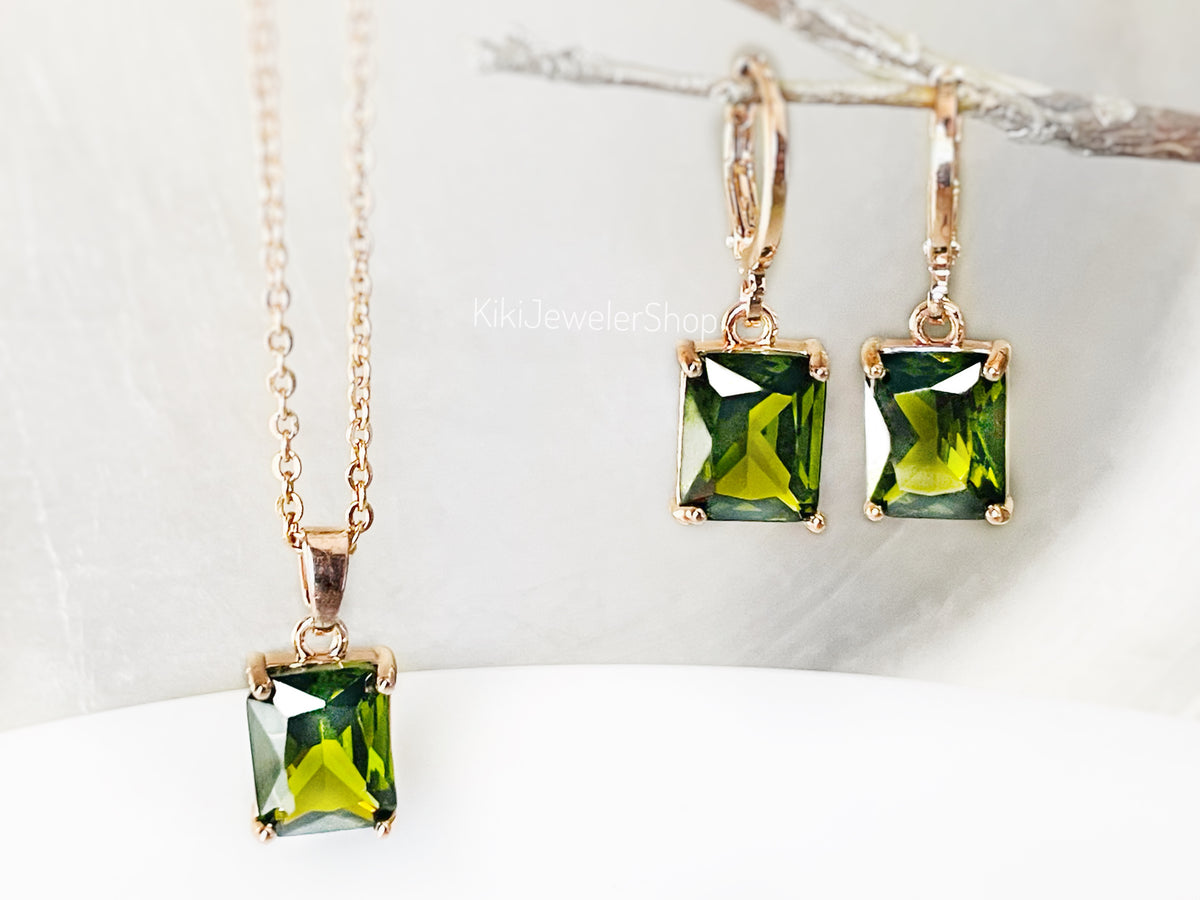 Small Peridot Emerald Cut Jewelry Set