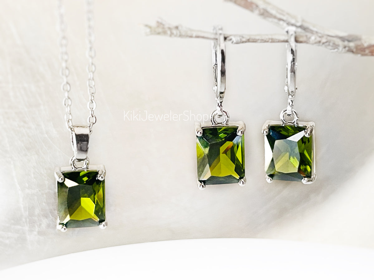 Small Peridot Emerald Cut Jewelry Set