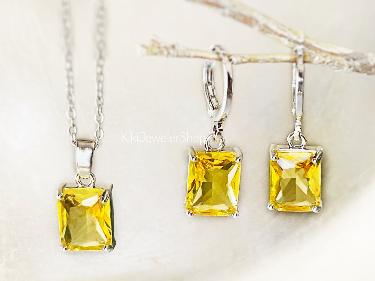 Small Citrine Emerald Cut Jewelry Set