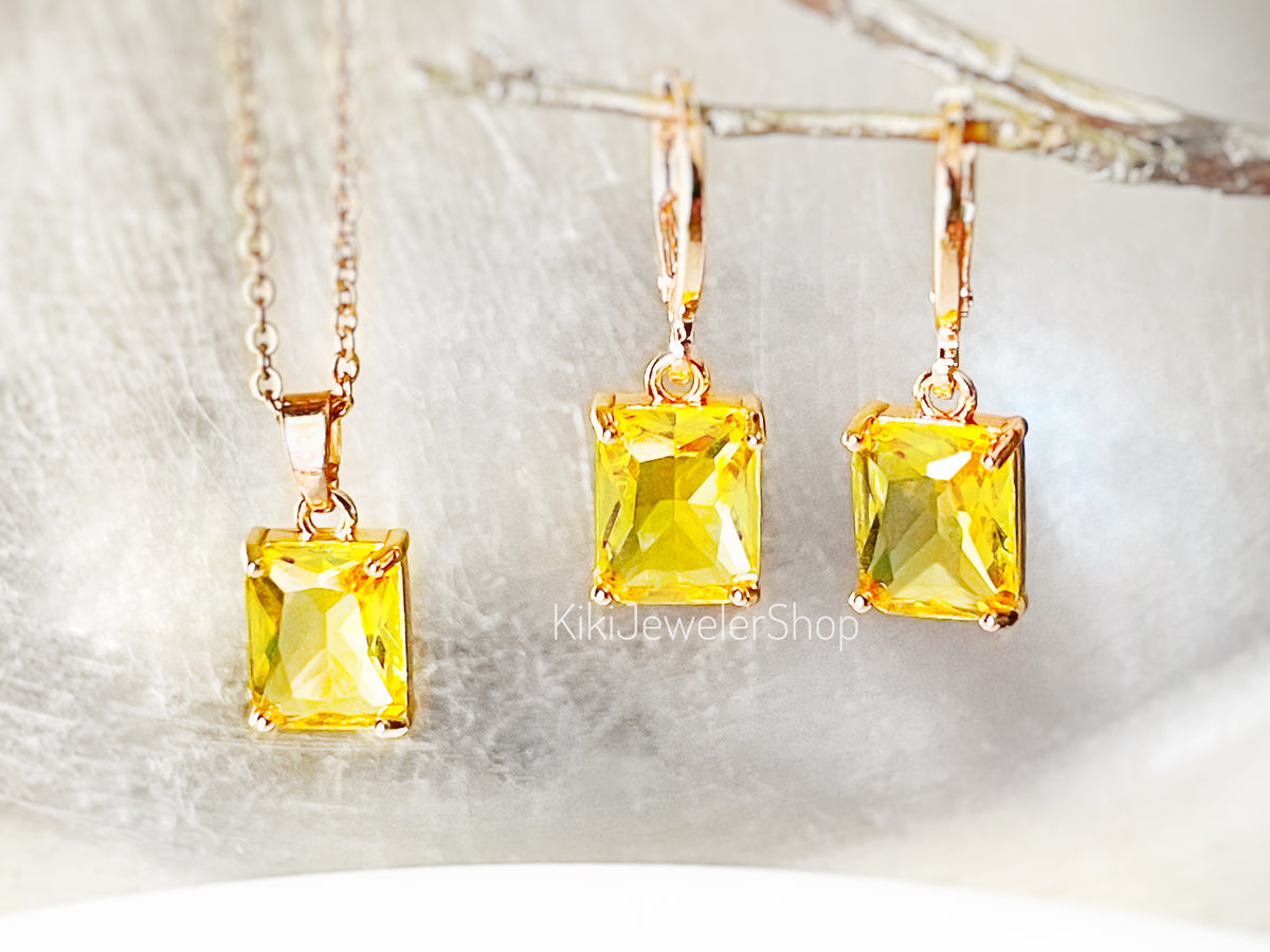 Small Citrine Emerald Cut Jewelry Set