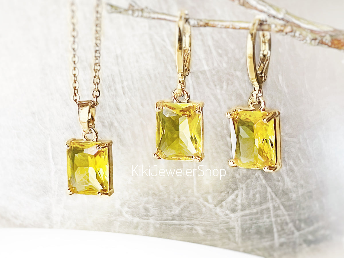 Small Citrine Emerald Cut Jewelry Set