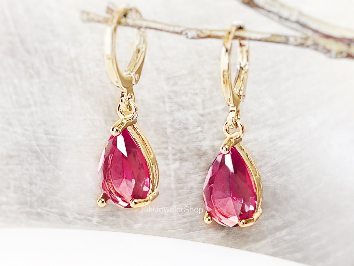 Small Pink Tourmaline Teardrop Dangle Earrings