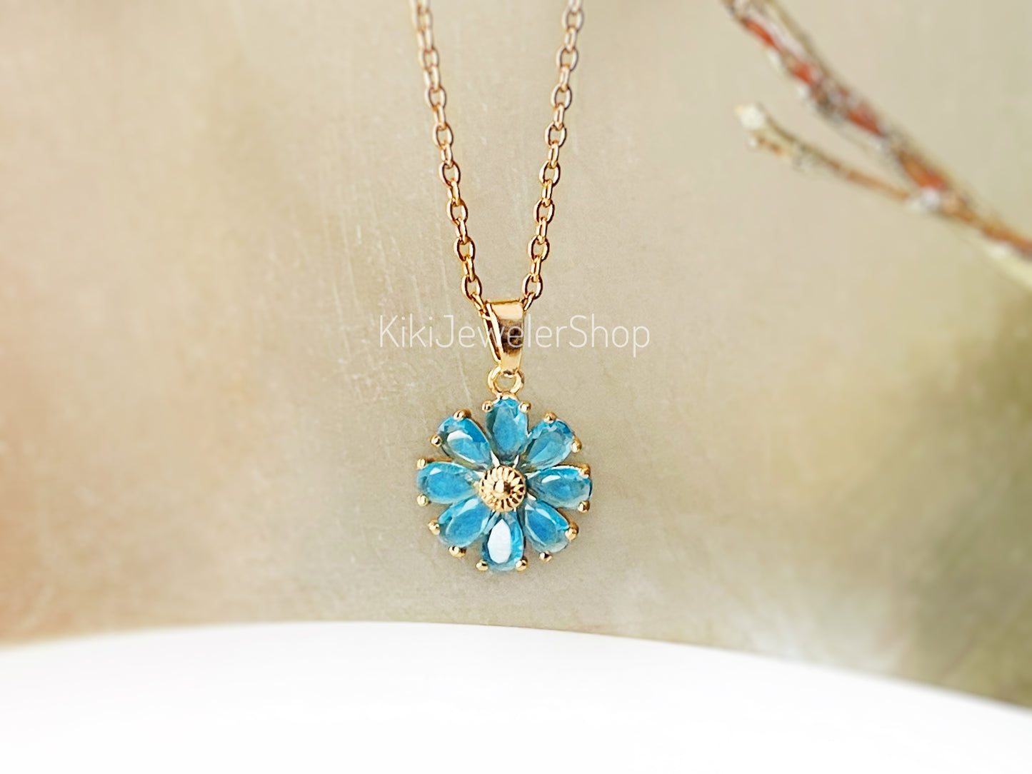 Daisy flower charm necklace, sapphire flower pendant