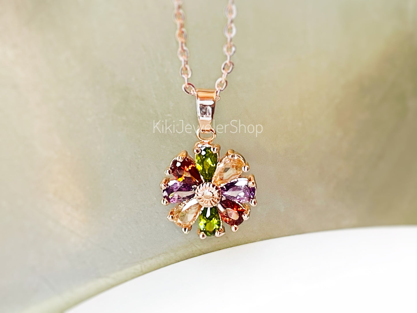 Daisy flower charm necklace, sapphire flower pendant