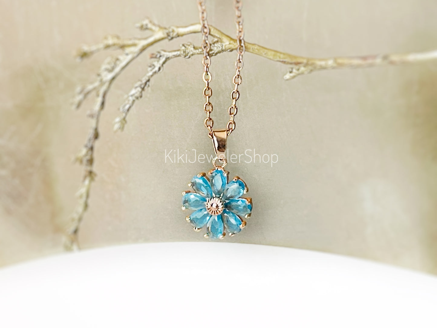 Daisy flower charm necklace, sapphire flower pendant